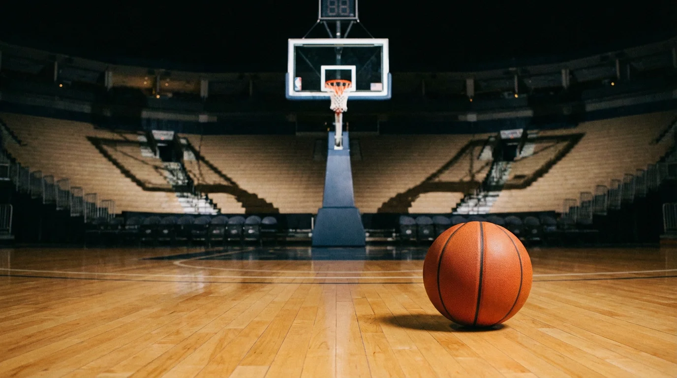 Bola de basquetebol laranja num campo de jogo com tabela e cesto ao fundo