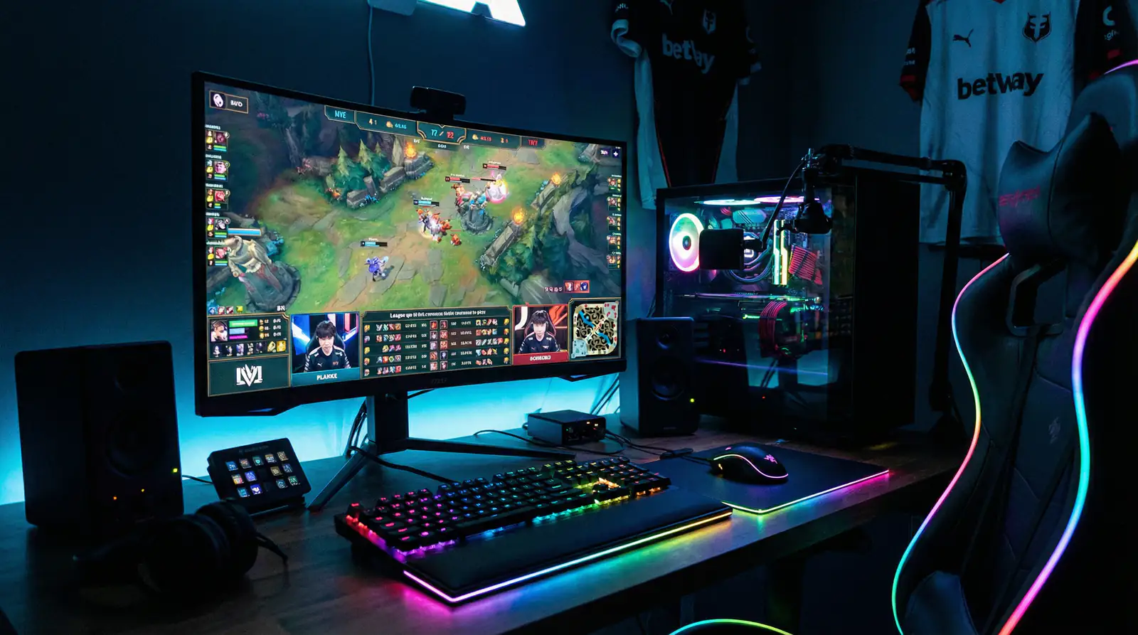 Setup de gaming com monitor a mostrar competição de eSports e teclado iluminado
