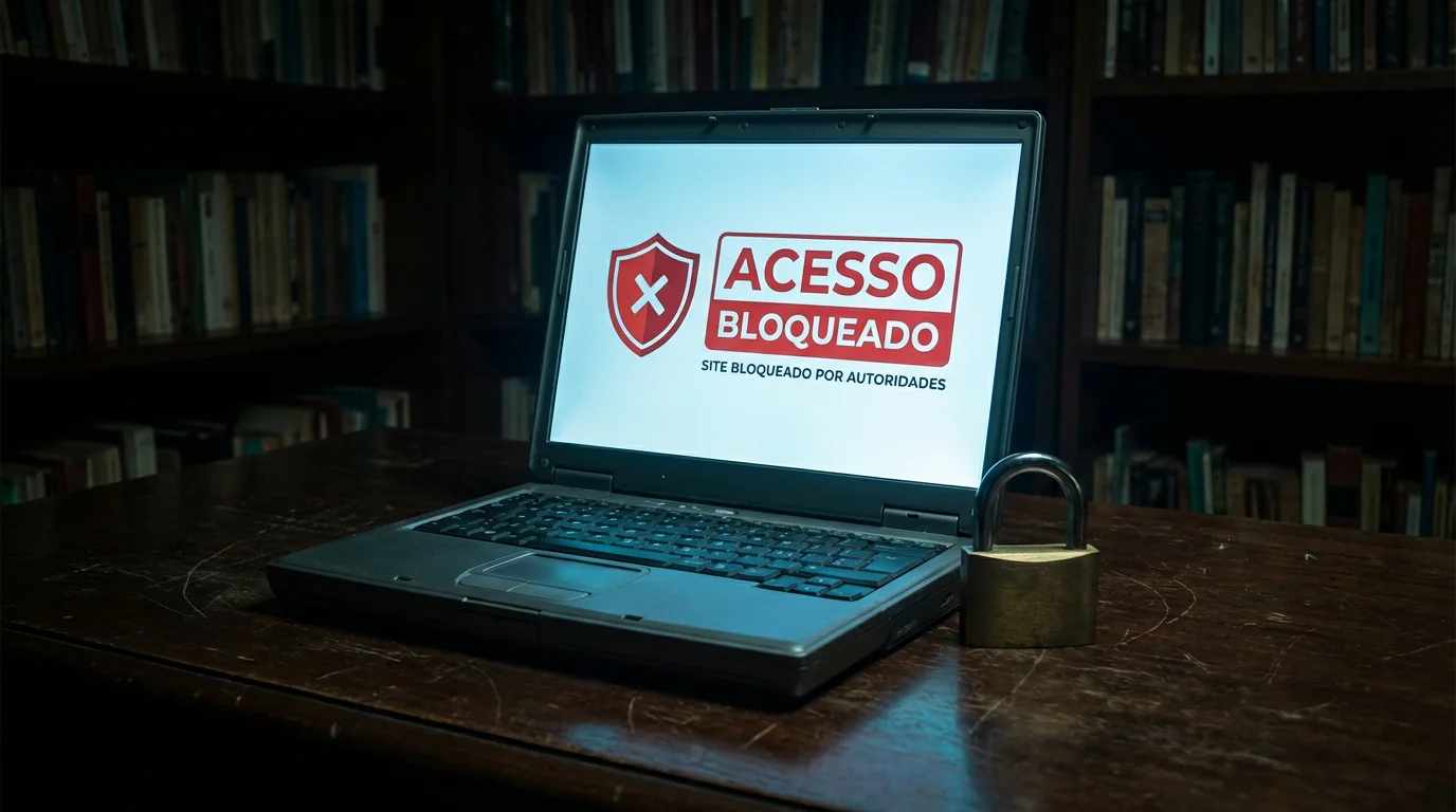 Ecrã de computador com aviso de site de apostas bloqueado pelo SRIJ