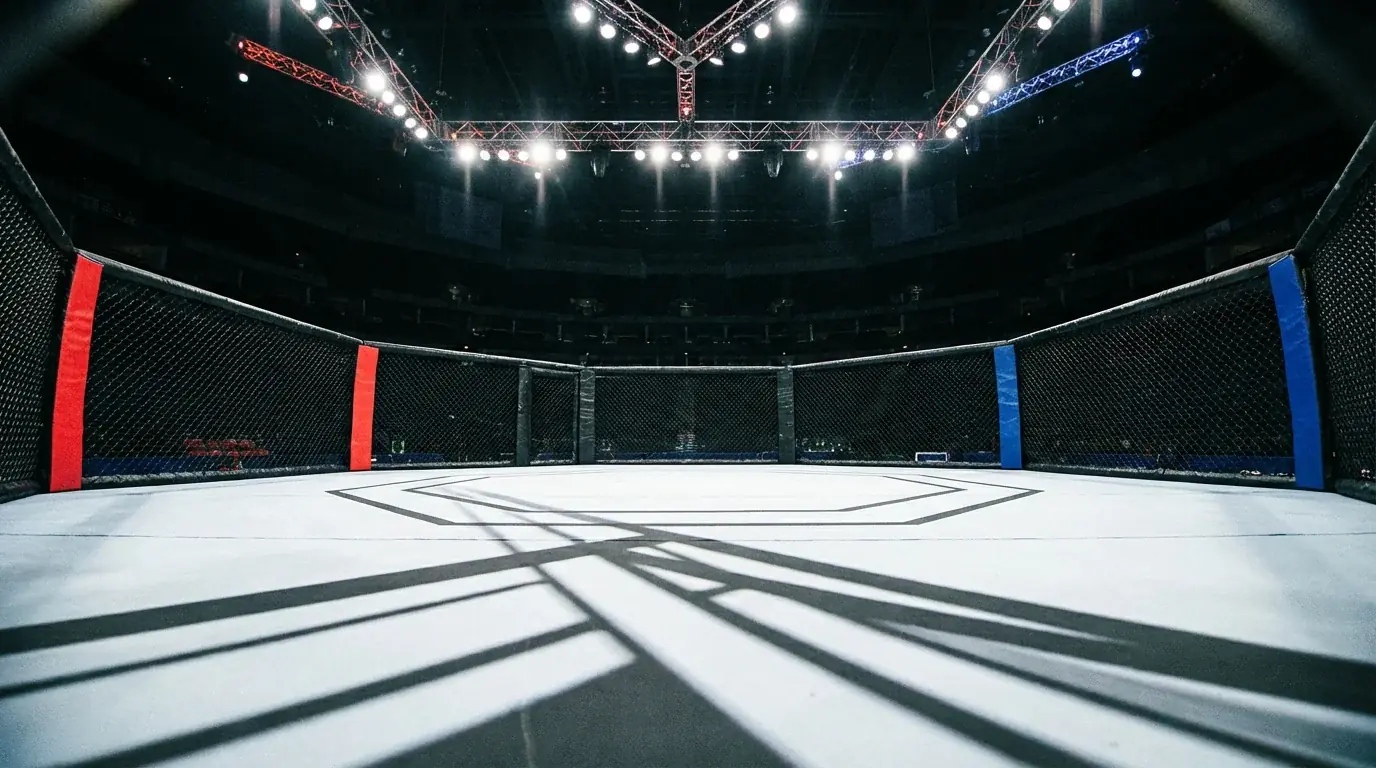 Octógono de MMA vazio com iluminação de evento e lona branca