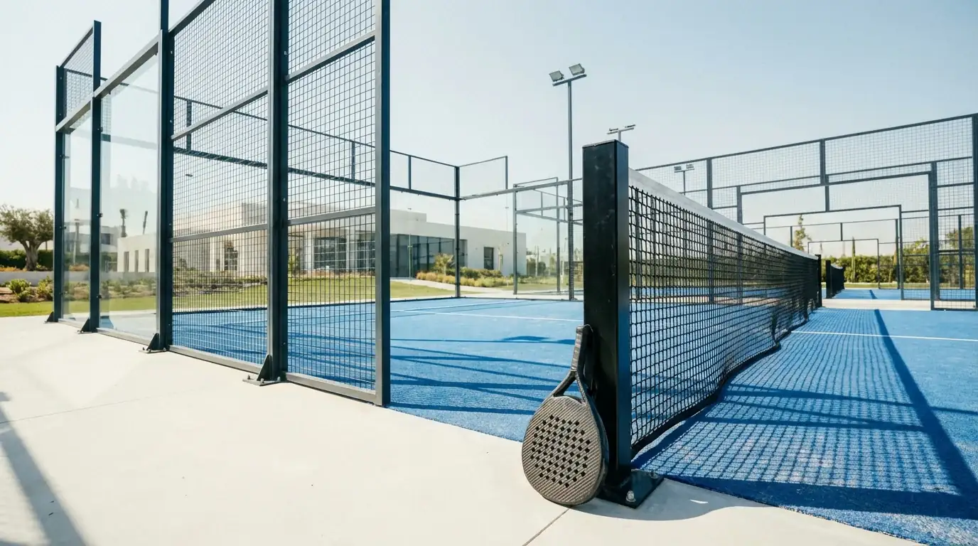 Campo de padel com paredes de vidro e raquete junto a rede