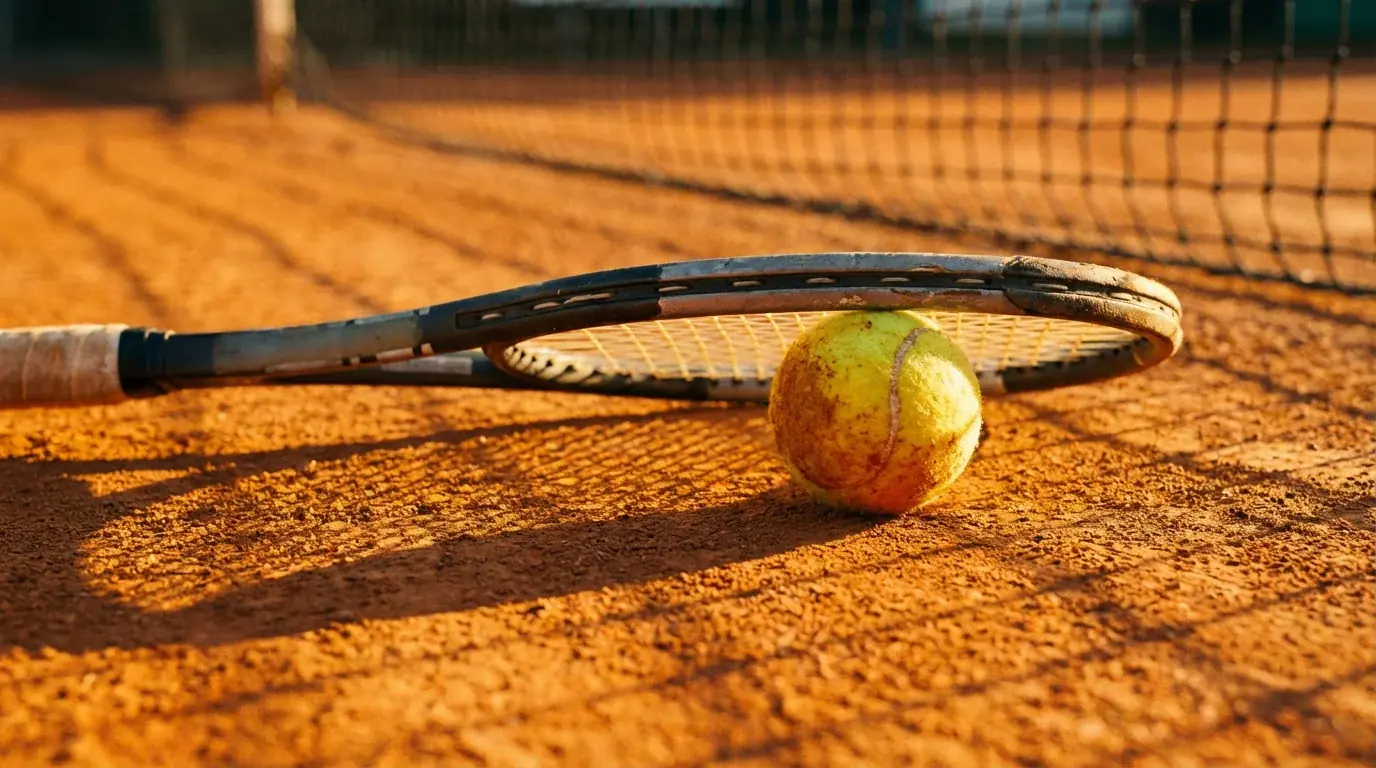 Raquete de ténis e bola sobre campo de terra batida com rede ao fundo