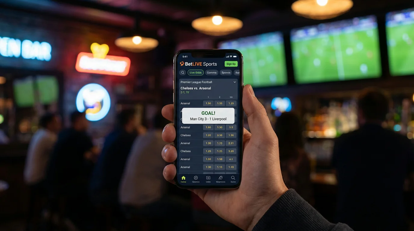 Telemóvel com aplicação de apostas desportivas e notificações ao vivo