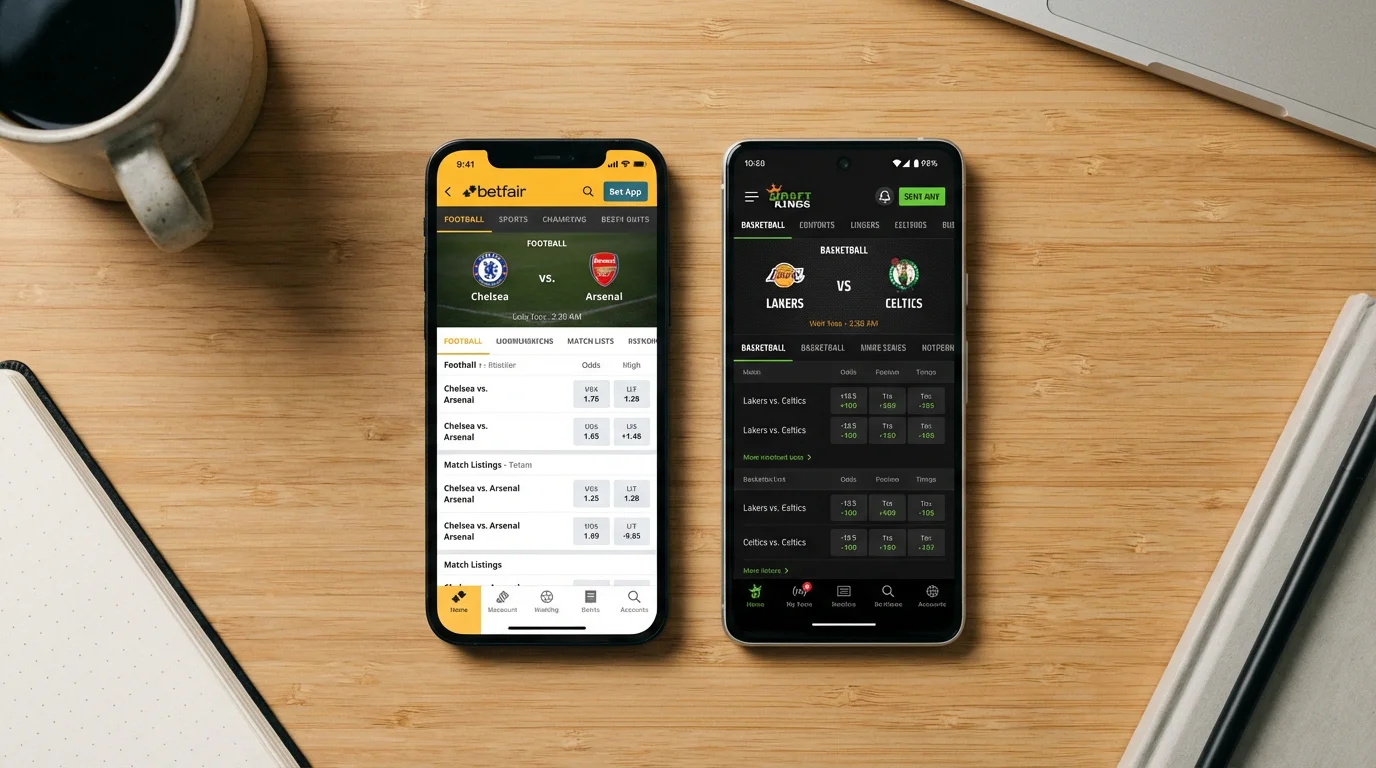 Dois telemóveis lado a lado com interfaces de plataformas de apostas diferentes