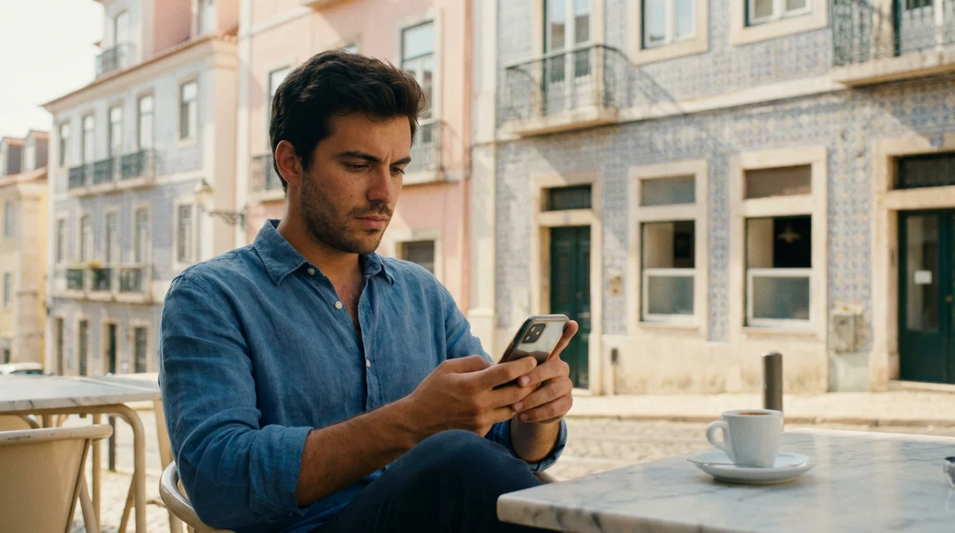 Jovem apostador português a analisar odds de apostas desportivas no telemóvel